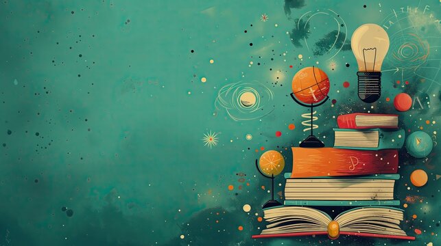 Fondo verde oscuro, azulado, intenso, adornado con libros, esferas, bombilla, ideas, estudios, ciencia, destrezas habilidades adquiridas, ecuaciones resoluci&oacute;n de problemas, despertar cient&iacute;fico, crea