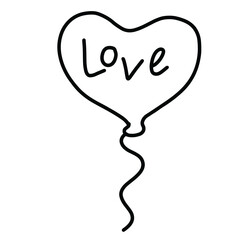 Kid drawing style outline of balloon with LOVE letters for Valentine's Day, toy, love sticker, fabric print, decoration, brand logo, icon, tattoo, ads, black and white, typography, font
