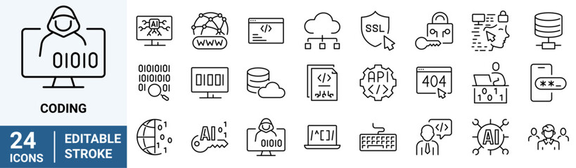 Programming coding icon set. Software development icon collection. Programmer and developer symbol vector illustration.