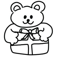 Kid drawing style outline of teddy bear with gift for cartoon character, comic, mascot, toy, sticker, pet, vet, print, black and white, logo, icon, banner, tattoo, happy doll, colouring book, birthday