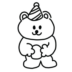 Kid drawing style outline of teddy bear with party hat for cartoon character, comic, mascot, toy, sticker, pet, vet, print, black and white, logo, icon, banner, tattoo, happy doll, colouring book