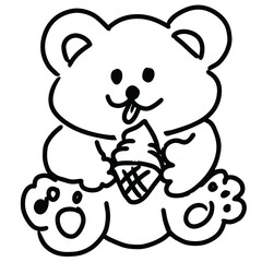 Kid drawing style outlines of teddy bear with ice cream for cartoon character, comic, toy, animal sticker, fabric print, decoration, logo, black and white, icon, frame, tattoo, cafe, sweet dessert