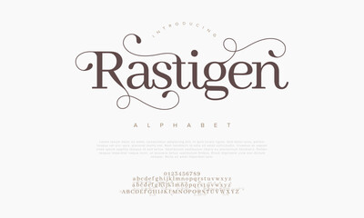 Rastigen legant alphabet letters font and number. Classic Copper Lettering Minimal Fashion Designs. Typography fonts regular uppercase and lowercase. vector illustration - obrazy, fototapety, plakaty