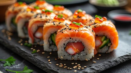 Tasty selection of sushi rolls.