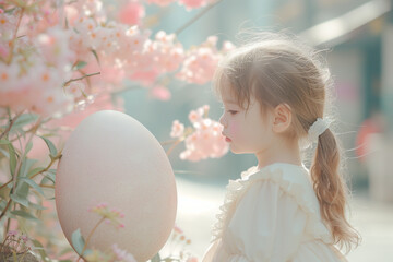 The girl found a big egg with a flower backdrop, capturing the Easter theme of egg hunting.