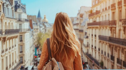 Fototapeta premium A woman sightseeing and admiring the cityscape on a Parisian street.