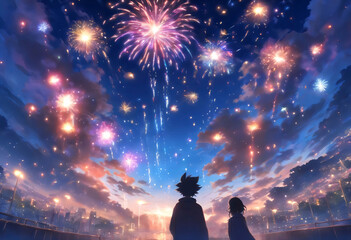 花火を見上げる少年と少女のシルエット。画像生成AI。
