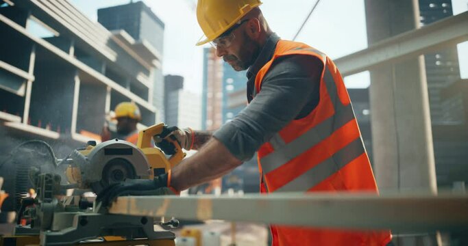 Portrait of a Handsome Woodworker Working on a Circular Saw Cutter at a Construction Site. Masculine Man Operating Machine Outdoors, Using a Power Saw to Cut Wooden Planks