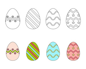 A set of Easter eggs. Colorful and black and white Easter eggs. Coloring book