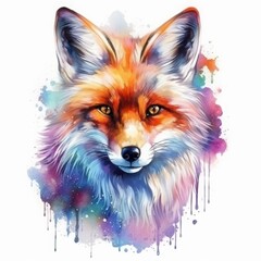 sticker watercolor colorful fox clipart, isolated on white background.