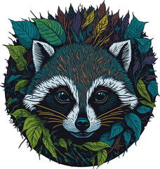 Vector illustration of a raccoon's surrounded by plants and leaves in the circular frame