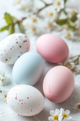 Fototapeta na wymiar Easter concept. pastel speckled eggs and spring flowers. a greeting card.