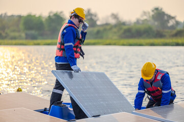 Technicians check floating solar farm wiring, polarity, and grounding for reliability and safety