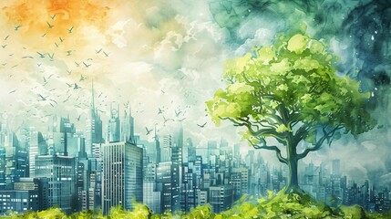 écologie et planète terre, arrière plan conceptuel sur le thème de l'écologie, dessin façon aquarelle colorée, ia générative