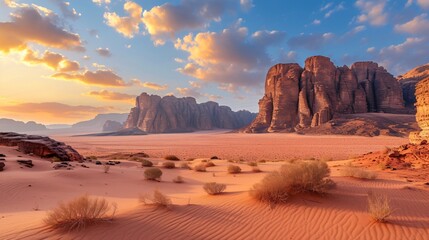 Naklejka premium The arid landscape of Wadi Rum, known as the Valley of the Moon, in the southern region of Jordan.