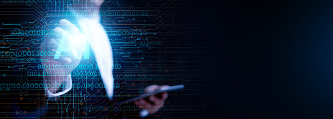 businessman using Ai technology in business by artificial intelligence,  smart robot AI, Futuristic technology transformation, using AI technology for developing running business on cloud computing