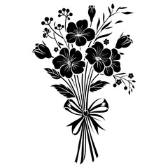Silhouette spring flower bouquet tied with ribbon black color only