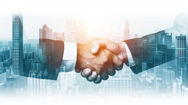 Double exposure image of business people handshake on city office building in background showing partnership success of business deal. Concept of corporate teamwork, trust partner and work agreement.