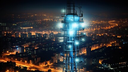 Fototapeta premium 5G anthenna over big city illuminated at night