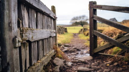 close-up of a well-worn wooden gate leading to a hidden farm, evoking a sense of curiosity about the rural world beyond