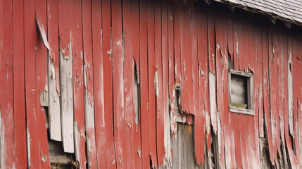a close up of a traditional, weathered red barn with peeling paint, revealing the rich history of rural architecture