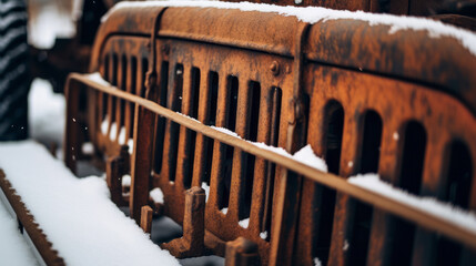 close up of vintage, rusted tractor grille adorned with a layer of snow