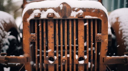 close up of a vintage, rusted tractor grille adorned with a layer of snow, representing the intersection of old and new in rural agricultural practices