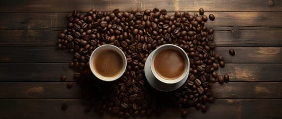 Tuinposter A cup of coffee with coffee beans top view on a wooden table © candra