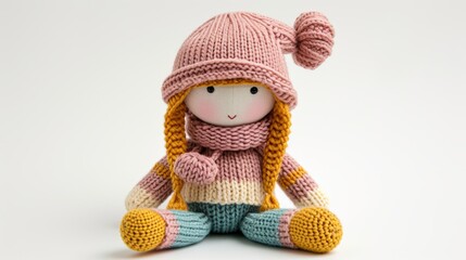 A knitted doll in colorful clothes and long curly hair, a soft toy for children.