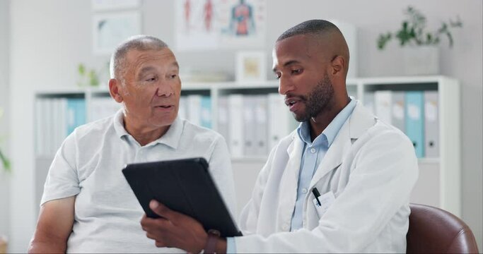 Tablet, physiotherapy and senior man consulting physiotherapist for results, feedback or recovery plan. Chiropractic, advice and elderly client in consultation room for help, discussion or support