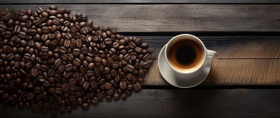 A cup of coffee with coffee beans top view on a wooden table