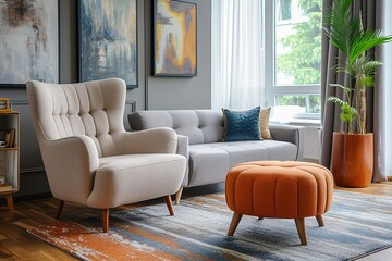 A vintage beige armchair and ottoman on a comfortable rug in a modern living room with a grey couch and retro decor.