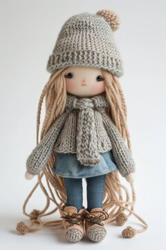 A knitted doll with long hair in gray clothes, a soft toy for children.