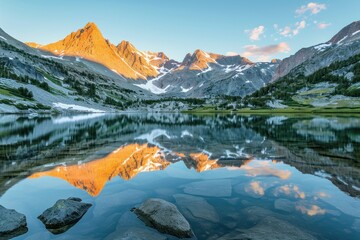 Serene sunrise at mountain lake with snowy peaks reflection - obrazy, fototapety, plakaty