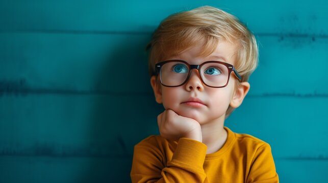 Pensive young lad wearing spectacles against a colorful backdrop.