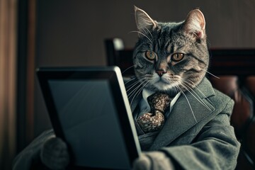 the cat in a suit has an ipad, Business cat wearing suit, Ragdoll cat kitten isolated in glam fashionable couture high end outfits isolated Creative animal concept