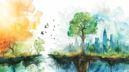 écologie et planète terre, arrière plan conceptuel sur le thème de l'écologie, dessin façon aquarelle colorée, ia générative - obrazy, fototapety, plakaty