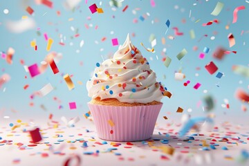Colorful cupcake with confetti background. Happy birthday, Congratulations, Surprise, Banner - obrazy, fototapety, plakaty