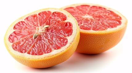 Two mature halves of rose grapefruit fruit separated on a blank backdrop.