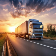 Container truck on highway at sunset, symbolizing logistics and transportation industry. AI generative.