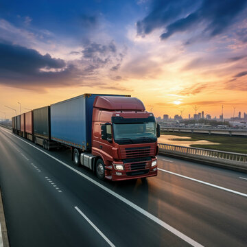 Logistics and cargo transportation concept with container truck on highway at sunset. AI generative.