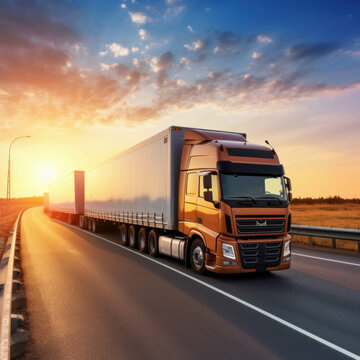 Cargo truck transporting goods on highway during sunset. Logistics and transportation concept. AI generative.