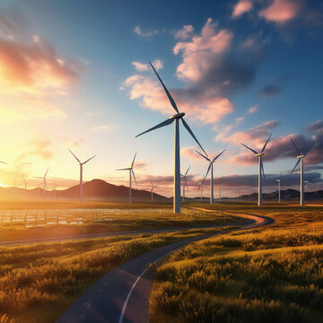 Eco-friendly renewable energy from wind turbines and solar panels during sunset. AI generative.