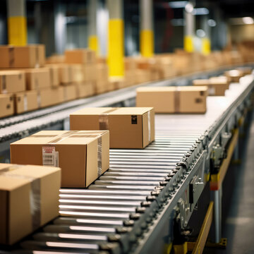 Snapshot of cardboard boxes moving along conveyor belt in warehouse, showcasing e-commerce and delivery process. AI generative.
