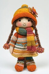 Knitted doll, in a yellow hat, in a stuffed toy for children.