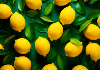 Lemon with leaves background, top view, heap of citrus fruits
