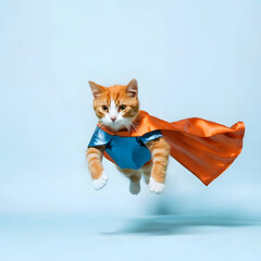 superhero cat, Cute orange tabby kitty with a blue cloak and mask jumping and flying on light blue background with copy space. The concept of a superhero, super cat, leader, funny animal studio shot. 