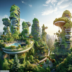 Fototapeta na wymiar Witness the harmonious blend of urban life and nature in this eco-conscious cityscape. Skyscrapers adorned with greenery, a futuristic vision crafted with AI generative precision.