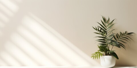 Foggy shadow from plant leaves on a light wall, abstract background for product presentation, space for text