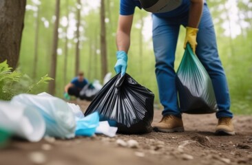 Environmental problems. A man in a protective glove collects plastic garbage in nature, volunteers clean the forest from garbage